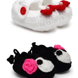 MayRa Knits Set Of 2 Hand Knitted Flower Design Booties - White Black-picture-22