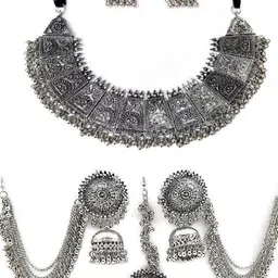 PINGHAKS Silver-Plated Oxidised & Beaded Jewellery Set-picture-25