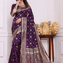 VASTRAAVEDAA Ethnic Motifs Woven Design Zari Banarasi Saree With Blouse Piece-picture-34