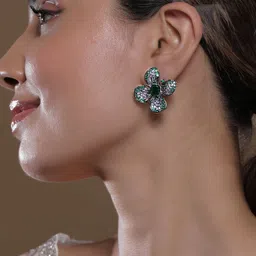 Rubans Rhodium-Plated Emerald & Lavender Cubic Zirconia Studded Black-Tone Floral Studs image 5