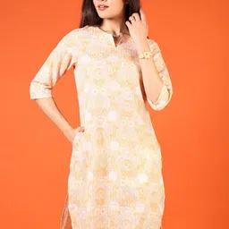 V-Mart Floral Printed Notch Neck Sequinned Cotton Straight Kurta-image-56