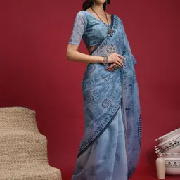 all about you Ethnic Motifs Printed Linen Blend Block Print Saree With Blouse image 3