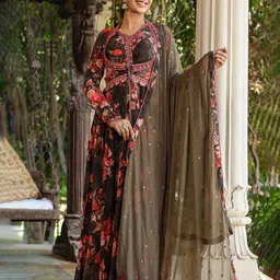 AARAAS Women Floral Print Embroidered Round Neck Long Sleeves Maxi Dress-picture-38