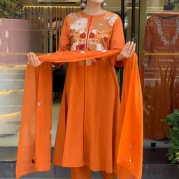 SWEETPEL Women Woven Design Embroidered A-Line Kurta with Trousers & Dupatta image 2