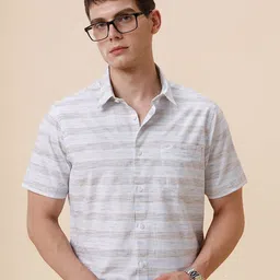 Crocodile Men Horizontal Striped Spread Collar Cotton Casual Shirt-picture-31