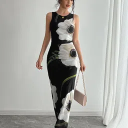 KPOP Women Floral Printed Round Neck Sleeveless Bodycon Midi Dress-image-23