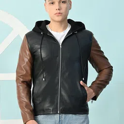 TBOJ Men Hooded Colourblocked Water Resistant Leather Jacket-picture-17