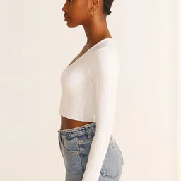 PUERY Women V-Neck Long Sleeves Cotton Fitted Crop Top-picture-13