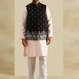 SOJANYA Geometric Embroidered Mandarin Collar Straight Kurta With Pyjamas & Nehru Jacket-picture-6