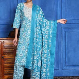 Meena Bazaar Floral Printed Round Neck Straight Kurta With Trousers & Dupatta-picture-41