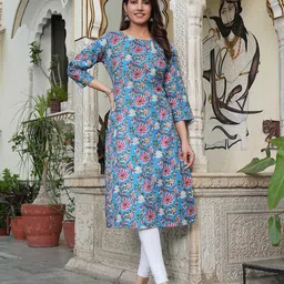 Viharini Floral Printed Cotton Round Neck Straight Kurta-image-25