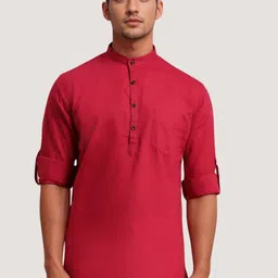 Parrth Enterprisees Men Mandarin Collar Roll-Up Sleeves Cotton Straight Kurta-image-13