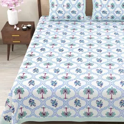 Myntra Elegant Homes Blue & White Floral 180 TC King Bedsheet with 2 Pillow Covers image 1
