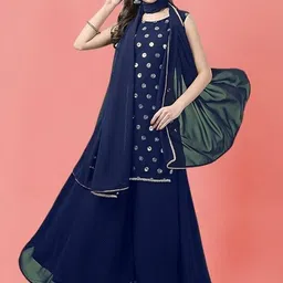 PARROT CREATION Geometric Embroidered Sequinned Georgette Kurti with Sharara And Dupatta-picture-20
