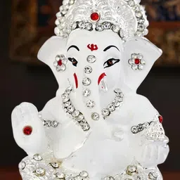 Kulin Resin White Ganesh Idol with Silver Crown image 4