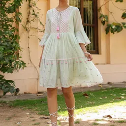 Pistagreen Cotton Mulmul Embroidered Midi Ethnic Dress-image-33