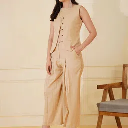 Stitchinc The Inversion Round Neck Cotton Linen Top & Flare Trousers With Waistcoat image 3