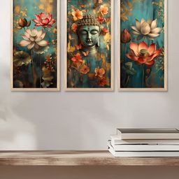 WALLLANE Green & Orange 3 Piece Floral and Botanical Traditional Wooden Wall Art-picture-44