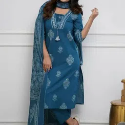 HERE&NOW Women Ethnic Motifs Printed Regular Pure Cotton Kurta with Trousers & With Dupatta-picture-25