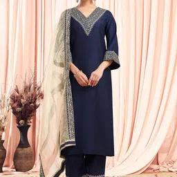 KALINI Women Ethnic Motifs Embroidered Regular Sequinned Kurta with Trousers & With Dupatta image 3