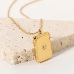 FAB COUTURE Gold-Plated Stainless Steel Spark Stone Waterproof Rectangular Pendant & Chain-picture-11