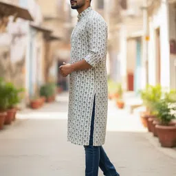 maansri Men Printed, Geometric Print Cotton Rayon Straight Kurta image 3
