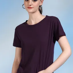metronaut Solid Women Round Neck Cotton Blend Purple T-Shirt-picture-16