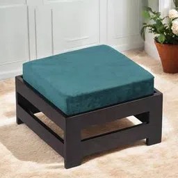 Amber Sheesham Wood Stool in Mahogany Finish & Turquoise Sea Velvet Cushion-image-30