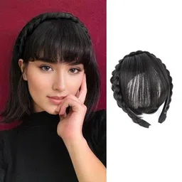 hair wala HAIR WALA™ Front Hair Bangs Fringe Hair Extensions Synthetic Fake Bangs Hair Neat Fringe Bangs with Double Row Braids Headband for Women Girls Bangs Hair (Color : Black) image 1