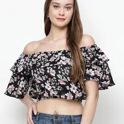 TrendRush Floral Print Off-Shoulder Flared Sleeve Ruffles Crepe Top image 4