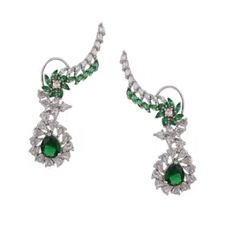 Bhana Fashion White & Green American Diamond Studded Silver-Plated Drop Earrings image 2