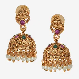 Kushal's Fashion Jewellery Gold Plated Artificial Stones Studded Jhumkas image 2