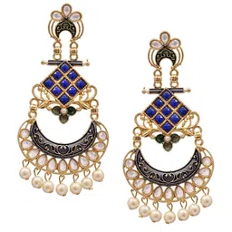 Crunchy Fashion Gold-Plated Black & White Crescent Shaped Chandbalis image 2