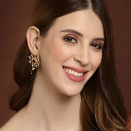 PANASH Gold-Plated Kundan Floral Shaped Meenakari Drop Earrings image 2