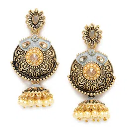ADIVA Gold-Plated Kundan-Studdded & Pearl Dome-Shaped Jhumkas Earrings image 5