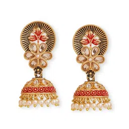 Anouk Red Brass-Plated Stone Studded & Beaded Floral Jhumkas image 4