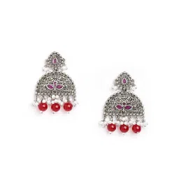 Anouk Red Brass-Plated Stone Studded & Beaded Floral Jhumkas image 4