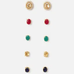 DressBerry Set of 5 Gold-Plated American Diamond Oval Studs Earrings-picture-15