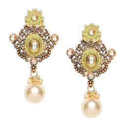 OOMPH Kundan Studded Meenakari Floral Drop Earrings image 5
