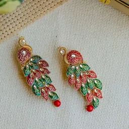 PolluxCraft Gold-Plated Artificial Stones Studded Peacock Shaped Drop Earrings image 2