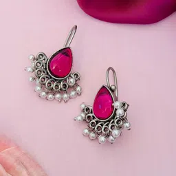 Sangria German Silver-Plated Stones Studded Drop Earrings image 2
