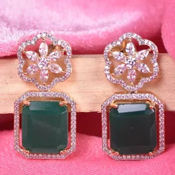 Saraf RS Jewellery Gold Plated Green Square Drop Earrings image 2