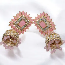 Jolly Faces Gold-Plated Artificial Stones Studded & Beaded Dome Shaped Jhumkas image 3