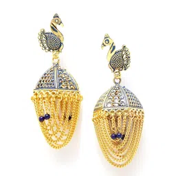 ANIKAS CREATION Blue & Gold-Toned Peacock Shaped Jhumkas image 2