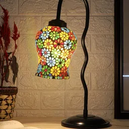 Devansh Black & White Printed Zig Zag Curvy  Table Lamp With Mosaic Glass Lamp Shade image 3