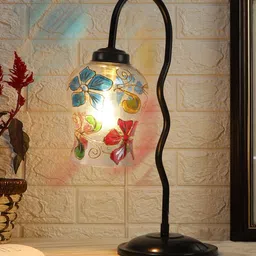 Devansh White & Blue Mosaic Printed Glass Zig Zag Curvy Iron Metal Table Lamp With Shade image 3