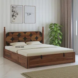 vintage home Rustic Sheesham Wood Queen Size Bed With Hydraulic Storage In Provincial Teak Finish-picture-20