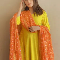 Thread & Button Women Yellow Empire Gotta Patti Pure Cotton Kurta With Dupatta image 3