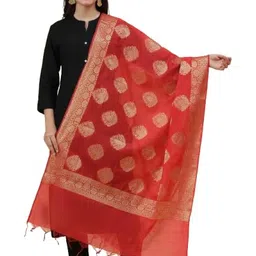 banjara india Banarasi Handloom Kora Silk Zari Dupatta with Gold Floral Pattern, 2.25 Metres image 1