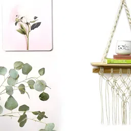 VAH Kya Bat Hai !! White & Brown Pine Knotting Wall Hanging Macrame Wooden Floating Shelf image 2